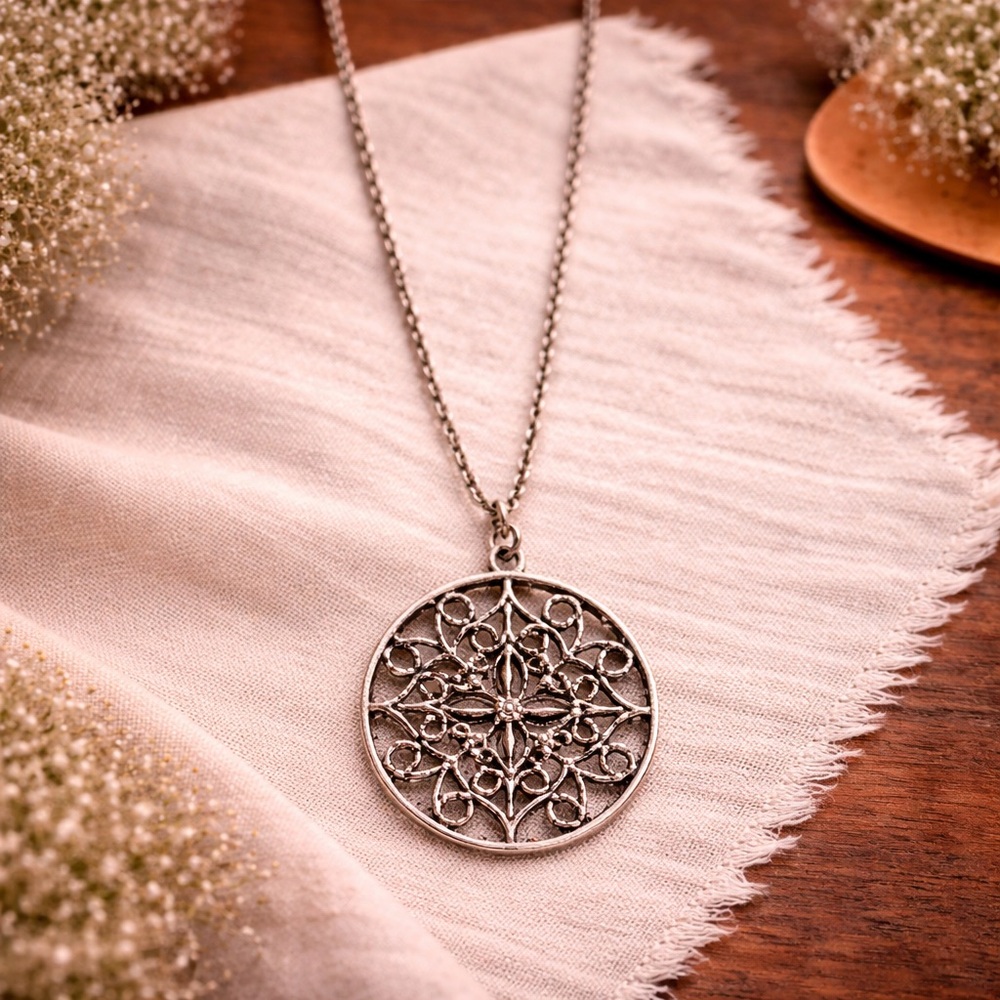 Lattice Medallion Cross‎ Pendant Silver Colored Spiral Design Necklace